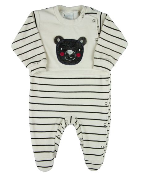 Macacao Bebe Menino Plush Listrado Bordado Ursinho - Grafite G