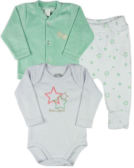 Conjunto Plush Bebe Menina Casaco Body e Culote Bordado Estrelas - Verde G