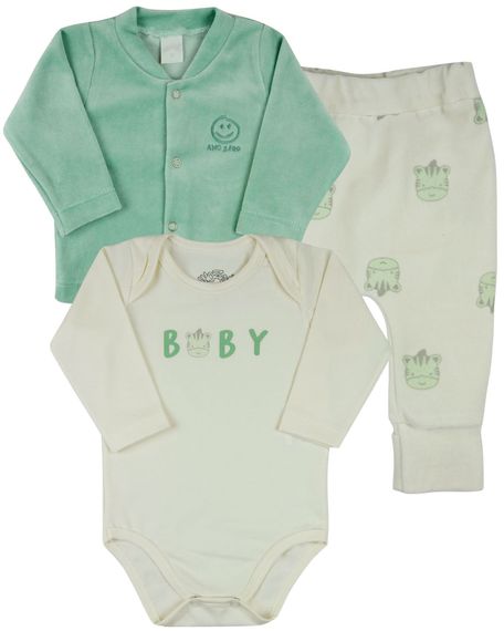 Conjunto Plush Bebe Menino Menina Casaco Body e Culote Estampa Zebrinhas - Verde G