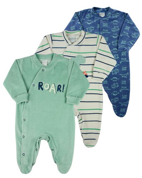 Macacao Bebe Menino Plush Estampado Liso e Listrado Kit Macacao Plush Menino Dinossauros 3 Pecas - Verde M