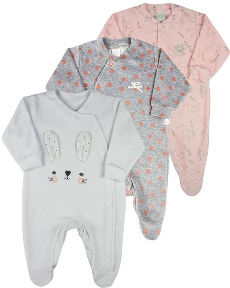 Macacao Bebe Menina Plush Estampado e Liso Kit Macacao Plush Menina Coelhos e Bolinhas 3 Pecas - Branco RN