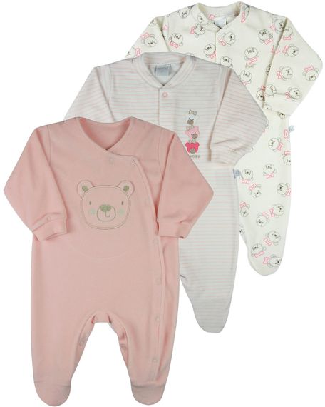 Macacao Bebe Menina Plush Estampado, Liso e Listrado Kit Macacao Plush Menina Ursinhas 3 Pecas - Rosa P