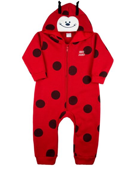 Macacao Bebe Touca Moletom Flanelado Estampado Joaninha - Vermelho GG