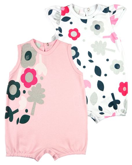 Macacao Bebe Menina Suedine Liso e Estampado Kit Macacao Body Sem Manga Menina Floral 2 Pecas - Rosa M