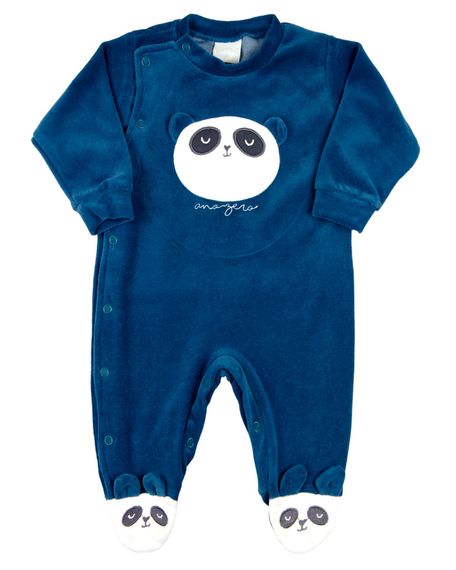 Macacao Bebe Plush Menino Bordado Urso Panda - Azul Jeans M