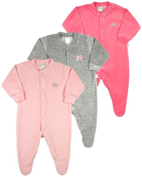 Macacão Bebê Plush Kit 3 Peças Básicas Pijama Bebê Menina - Rosa RN