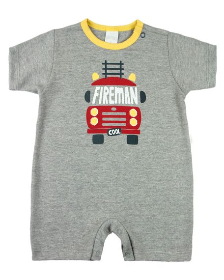 Macacão Bebê Menino Verão Suedine Manga Curta Silk Screen Bombeiro Fireman - Mescla P