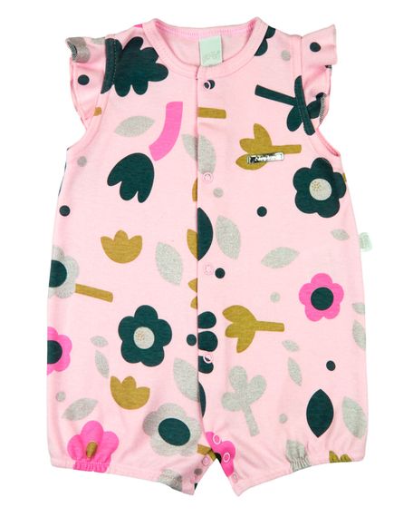 Macacão Bebê Menina Verão Suedine Estampado Floral Manga Cavada com Babados - Rosa G