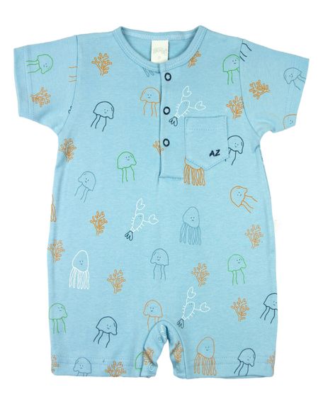 Macacão Bebê Menino Verão Suedine Estampado Manga Curta Águas Vivas - Azul P
