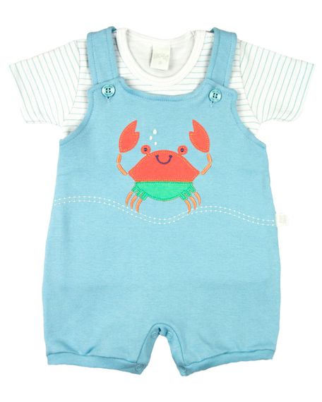 Macacão Bebê Curto Menino Salopete Suedine Com Camiseta Listrada Bordado Carangueijo - Azul M