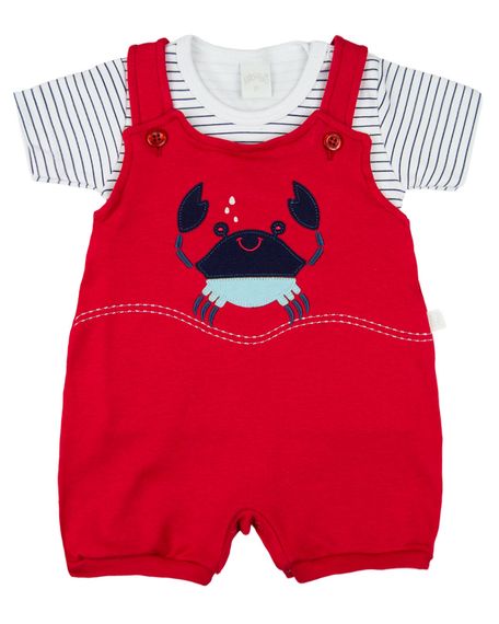 Macacão Bebê Curto Menino Salopete Suedine Com Camiseta Listrada Bordado Carangueijo - Vermelho GG