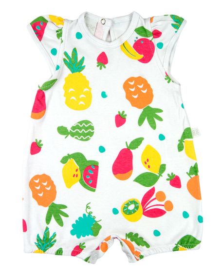 Macacão Bebê Menina Verão Suedine Estampado Manga Cavada Frutas - Branco P