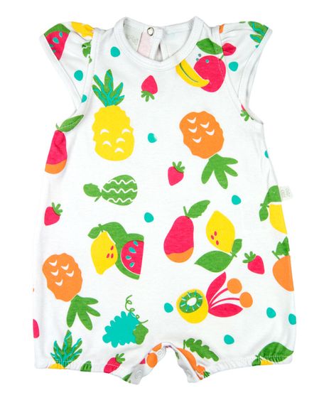 Macacão Bebê Menina Verão Suedine Estampado Manga Cavada Frutas - Branco G