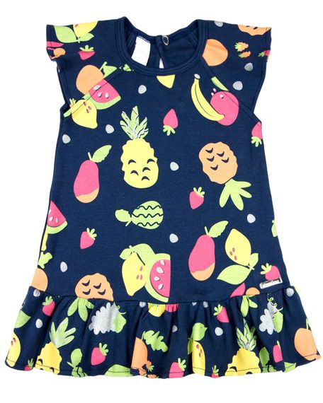 Vestido Bebê Menina Infantil Verão 10M a 3 Anos Manga Cavada Suedine Estampado Frutas - Marinho 3