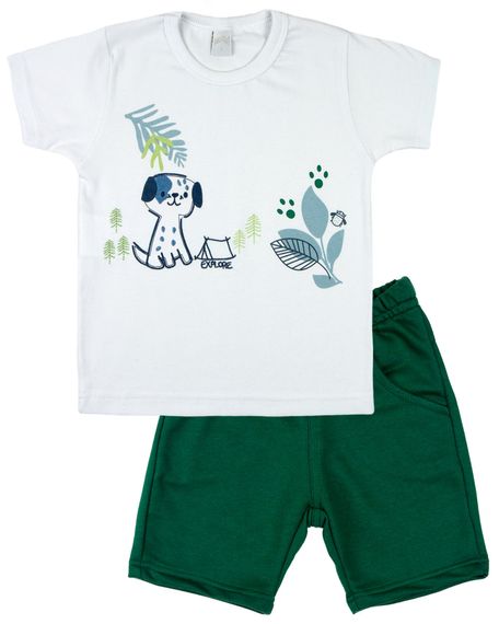 Conjunto Manga Curta Bebê Menino 10M a 3 Anos Malha e Moletinho Silk Screen e Bordado Cachorrinho - Branco GG