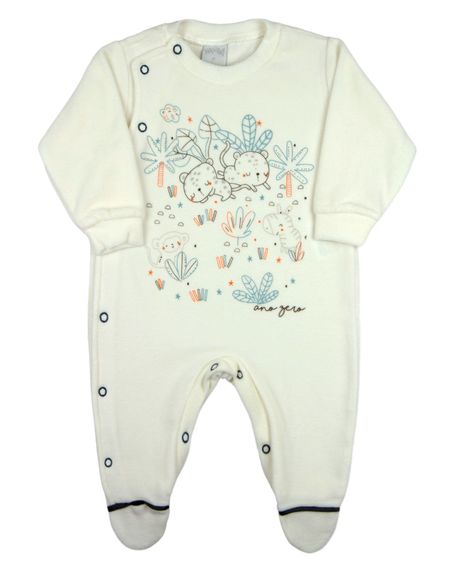 Macacao Bebe Menino Plush com Silk Screen de Oncinhas - Natural RN