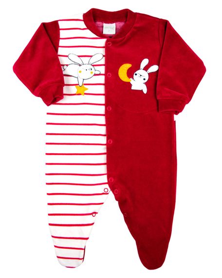 Macacao Bebe Menino Plush Liso e Listrado com Bordados Aplicados de Coelhinhos - Vermelho P