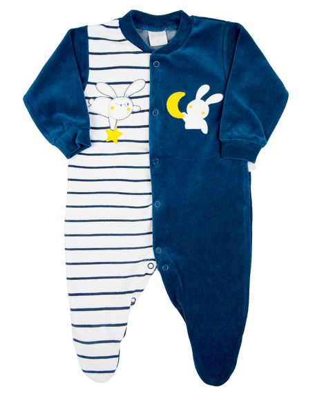 Macacao Bebe Menino Plush Liso e Listrado com Bordados Aplicados de Coelhinhos - Azul Jeans P