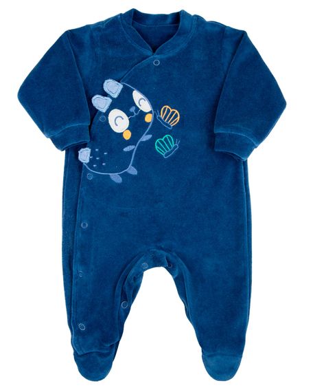 Macacao Bebe Menino Plush com Bordados Aplicados de Monstrinho - Azul Jeans M