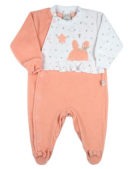 Macacao Bebe Menina Plush Estampado e Liso Bordados Aplicados de Coelhinha - Salmão M