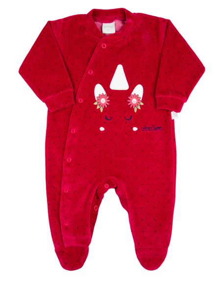 Macacao Bebe Menina Plush Estampado Poá com Bordados Aplicados de Unicórnio - Vermelho G