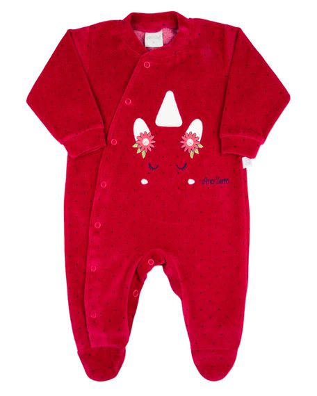 Macacao Bebe Menina Plush Estampado Poá com Bordados Aplicados de Unicórnio - Vermelho RN