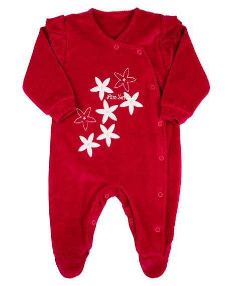 Macacao Bebe Menina Plush Bordado com Aplicações de Flores - Vermelho RN