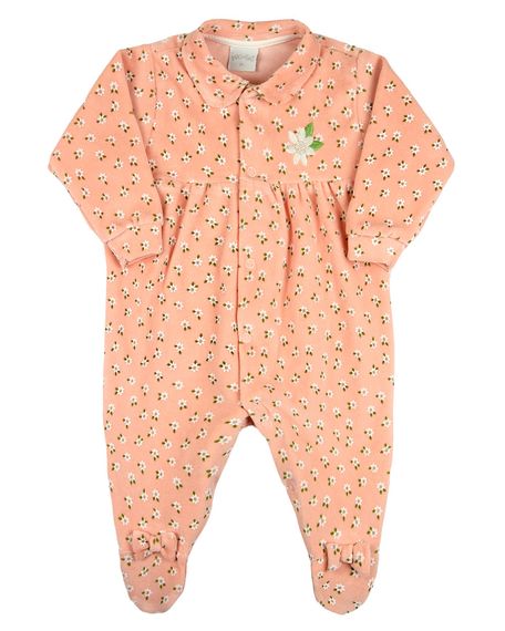 Macacao Bebe Menina Plush Estampado Floral Bordado de Flor - Salmão RN