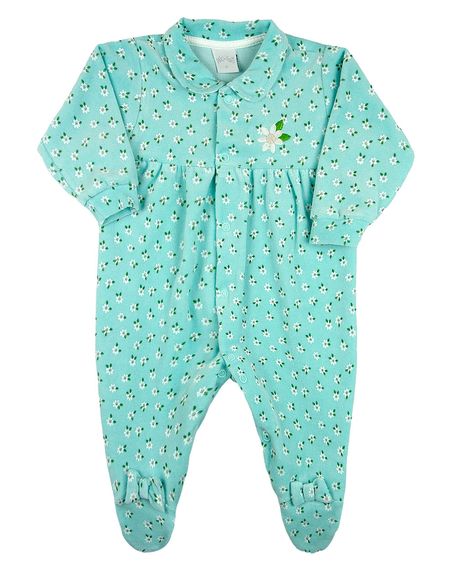 Macacao Bebe Menina Plush Estampado Floral Bordado de Flor - Verde RN