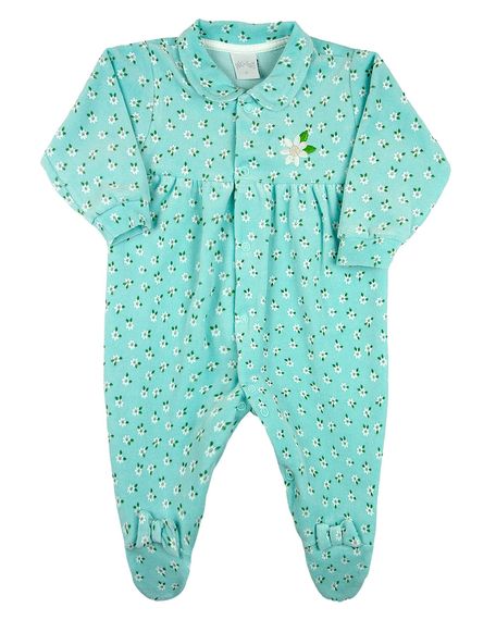 Macacao Bebe Menina Plush Estampado Floral Bordado de Flor - Verde RN