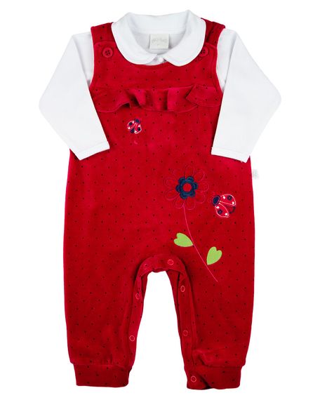 Macacao Salopete Bebe Menina Plush Estampado com Body Suedine Bordados Aplicados de Flores - Vermelho G