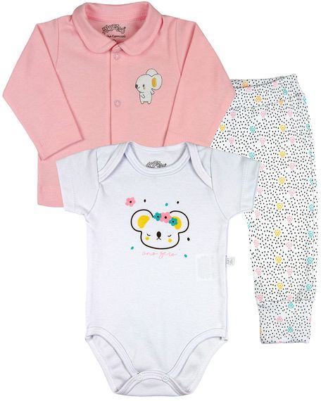 Conjunto Bebe Menina Suedine Liso e Suedine Estampado Ursinha Coala - Rosa RN