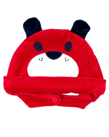 Touca de Bebe Plush com Botão Bordado de Ursinho - Vermelho G