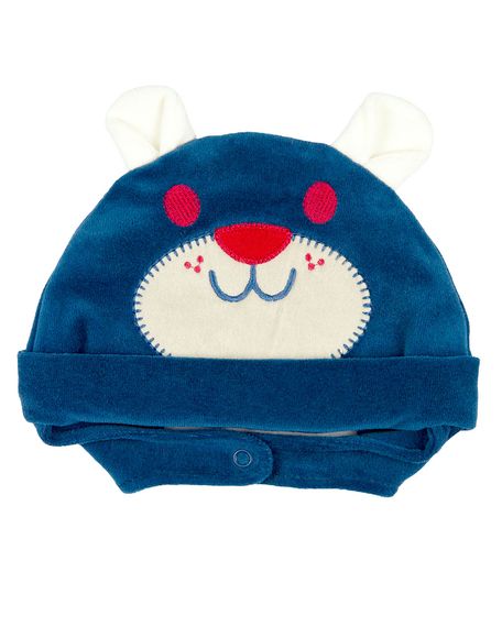 Touca de Bebe Plush com Botão Bordado de Ursinho - Azul Jeans G