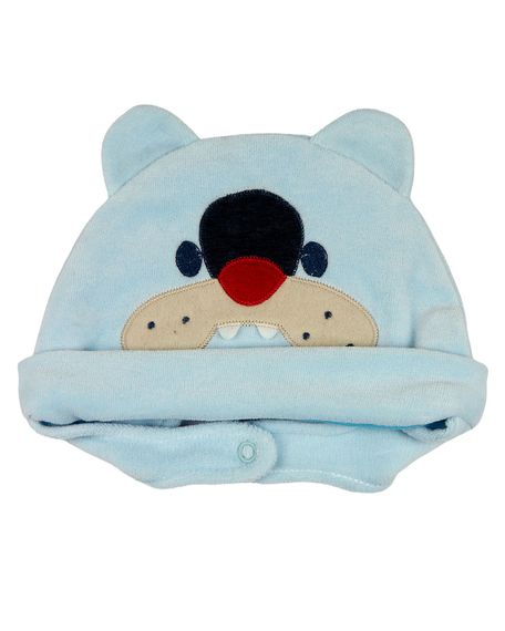 Touca de Bebe Plush com Botão Bordado de Cachorrinho Bulldog - Azul M
