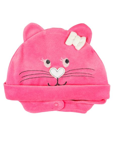 Touca de Bebe Menina Plush com Botão Bordado de Gatinha - Rosa Escuro P