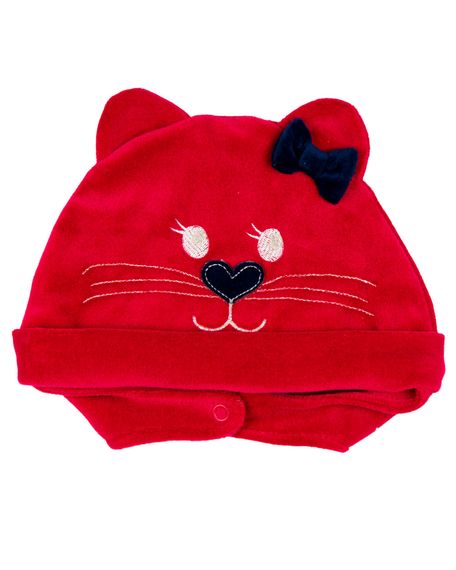 Touca de Bebe Menina Plush com Botão Bordado de Gatinha - Vermelho M