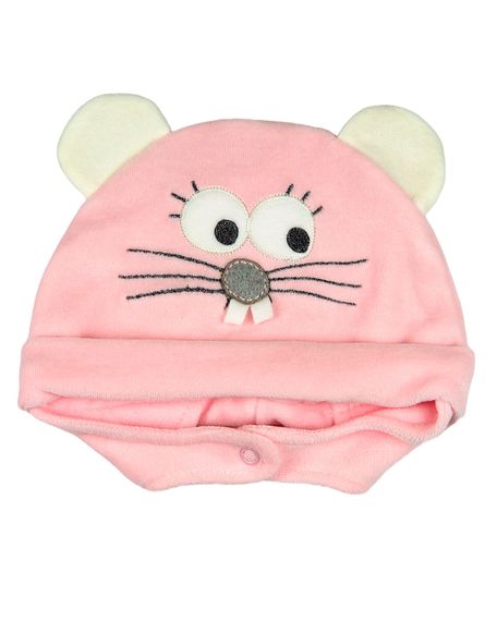 Touca de Bebe Plush com Botão Bordado de Ratinho - Rosa P