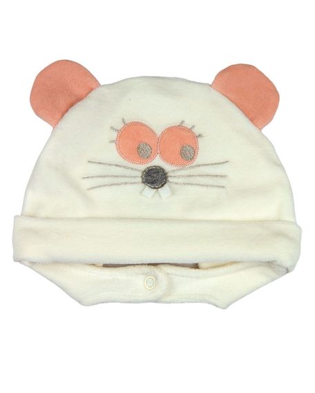 Touca de Bebe Plush com Botão Bordado de Ratinho - Natural G