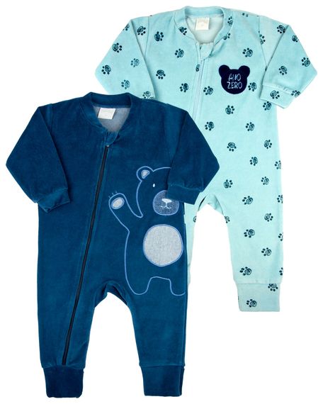 Macacao Bebe Menino Plush Estampado e Liso Kit Macacão Plush Menino Urso 2 Peças - Azul RN