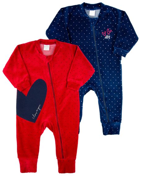 Macacao Bebe Menina Plush Estampado Bolinhas Kit Macacão Plush Menina Coração 2 Peças - Vermelho M