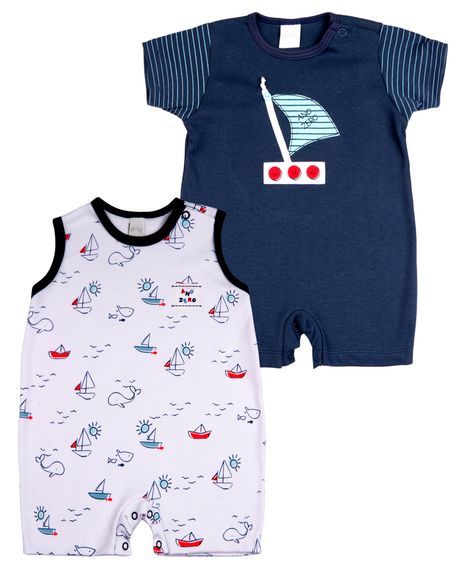 Macacao Bebe Menino Curto Suedine Liso e Estampado Kit Macacão Suedine Algodao Verao Barquinhos 2 Pç - Branco P