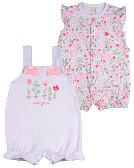 Macacao Bebe Suedine Menina Estampado e Liso Kit Macacão Suedine Algodao Floral 2 Pecas - Branco G