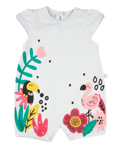 Macacão Bebê Menina Verão Sem Mangas Suedine Silk Screen Tucano e Flamingo - Branco M