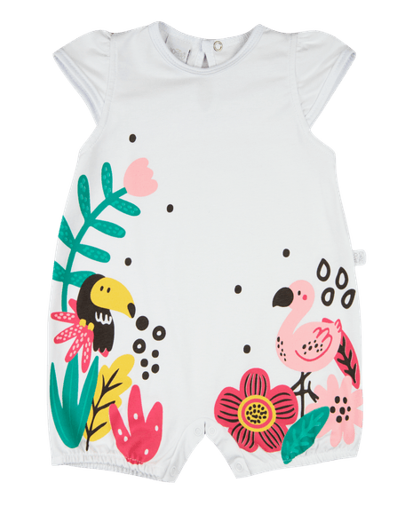 Macacão Bebê Menina Verão Sem Mangas Suedine Silk Screen Tucano e Flamingo - Branco GG