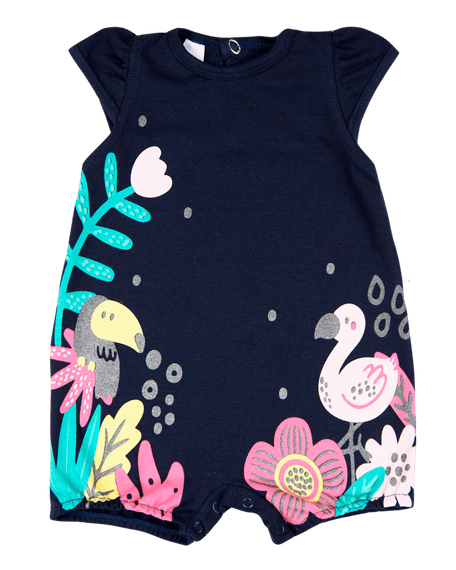 Macacão Bebê Menina Verão Sem Mangas Suedine Silk Screen Tucano e Flamingo - Marinho P
