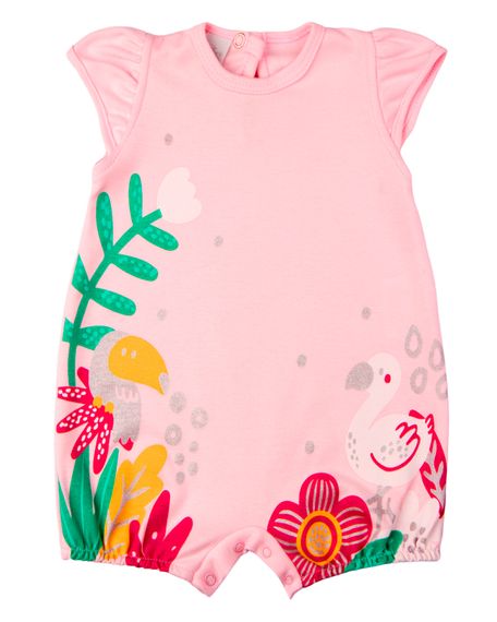 Macacão Bebê Menina Verão Sem Mangas Suedine Silk Screen Tucano e Flamingo - Rosa M