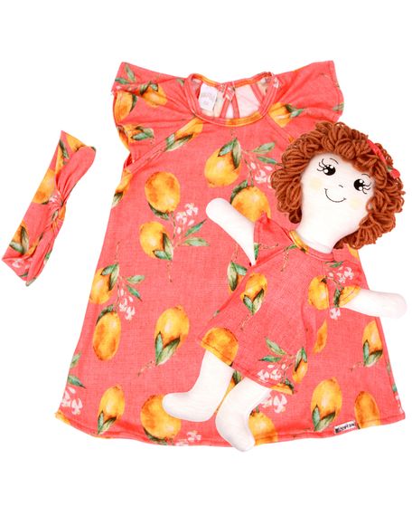 Vestido Bebe Infantil Com Boneca De Pano Kit com Faixa de Cabeça - Laranja GG