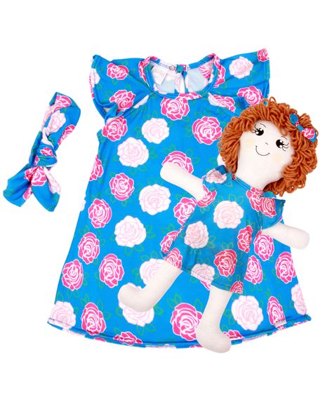 Vestido Bebe Infantil Com Boneca De Pano Kit com Faixa de Cabeça - Azul GG