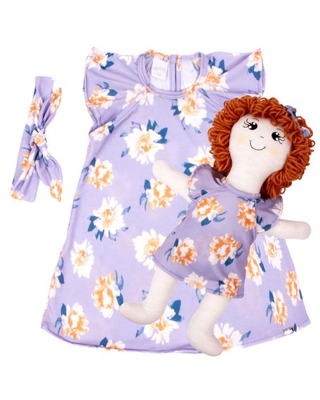 Vestido Bebe Infantil Com Boneca De Pano Kit com Faixa de Cabeça - Lilas GG